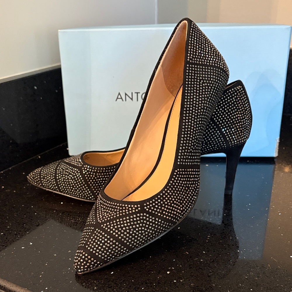 *ANTONIO MELANI Black Sueded Crystal Studded Pointed Toe Pumps Edgy Rock BOHO